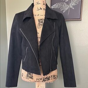 Charcoal Gray Leather Moto Jacket with Asymmetrical Zipper and Wide Collar